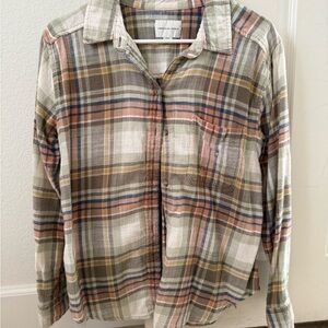 American Eagle Outfitters Plaid Button-Down Shirt in Cream, Brown, Blue & Pink